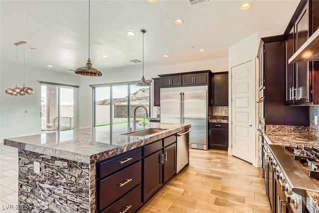 kitchen featuring sink, appliances with stainless steel finishes, hanging light fixtures, an island with sink, and decorative backsplash