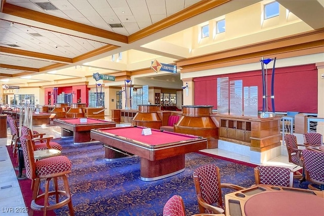 recreation room featuring beamed ceiling, coffered ceiling, and billiards