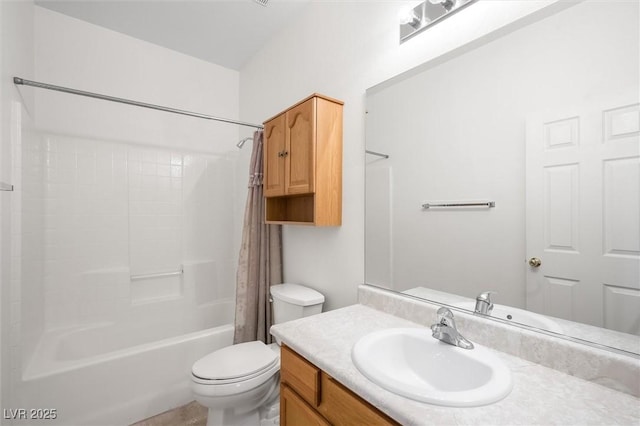 full bathroom with shower / tub combo, vanity, and toilet