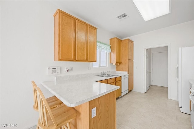 kitchen with a kitchen bar, kitchen peninsula, sink, and white appliances