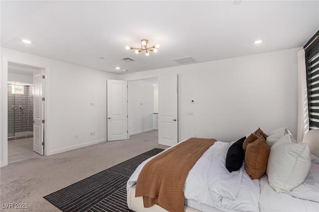 carpeted bedroom featuring connected bathroom and an inviting chandelier