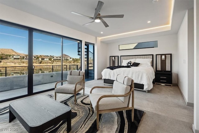 bedroom featuring access to outside, light carpet, baseboards, and recessed lighting