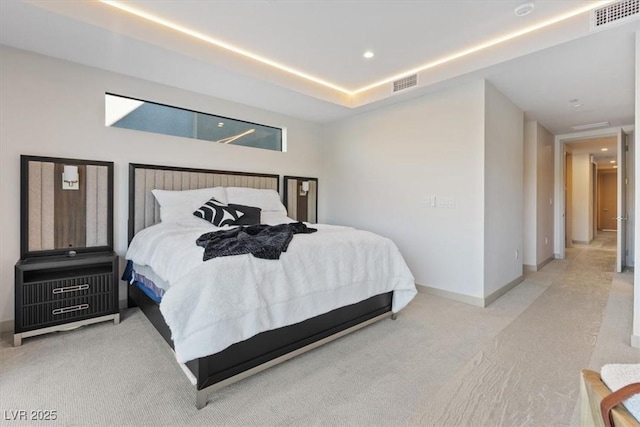 bedroom featuring light colored carpet, recessed lighting, visible vents, and baseboards