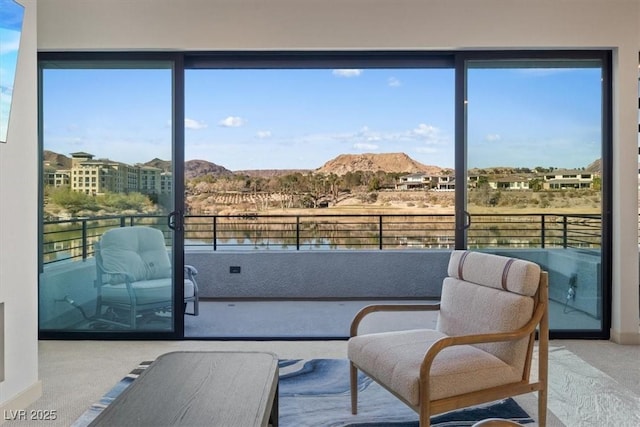 interior space with a mountain view