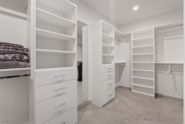 spacious closet featuring light colored carpet