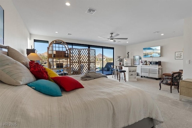 bedroom featuring recessed lighting, light colored carpet, visible vents, ceiling fan, and access to outside