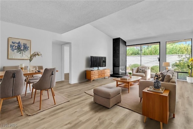 living room with a textured ceiling, light hardwood / wood-style floors, and lofted ceiling