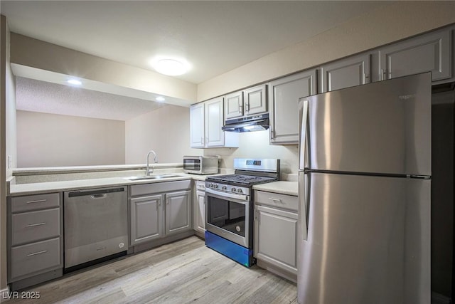 kitchen featuring appliances with stainless steel finishes, light wood-type flooring, gray cabinetry, and sink