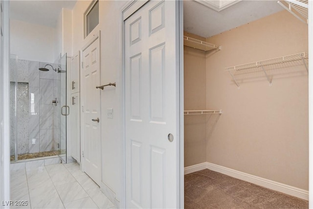 bathroom featuring a shower with door