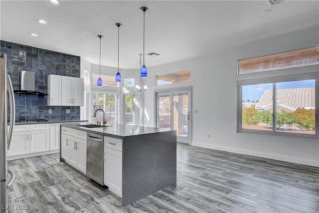 kitchen with sink, hanging light fixtures, tasteful backsplash, white cabinets, and appliances with stainless steel finishes