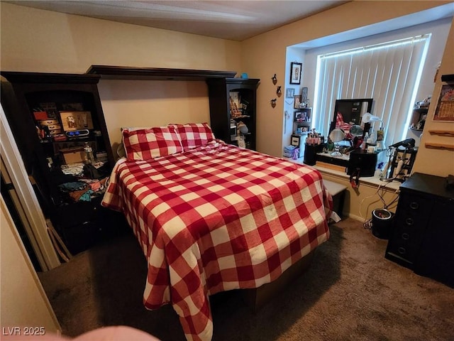 bedroom featuring dark colored carpet