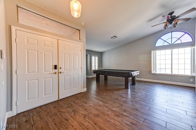 rec room featuring ceiling fan, dark hardwood / wood-style floors, lofted ceiling, and billiards