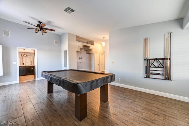 playroom featuring ceiling fan and billiards