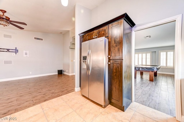 kitchen with lofted ceiling, billiards, light hardwood / wood-style flooring, ceiling fan, and stainless steel fridge with ice dispenser