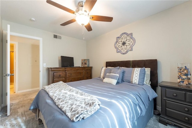 bedroom featuring visible vents, ceiling fan, light carpet, and baseboards