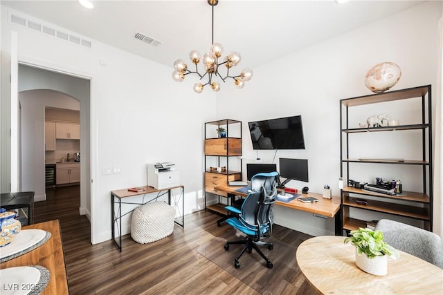 home office with dark wood-type flooring, an inviting chandelier, and wine cooler