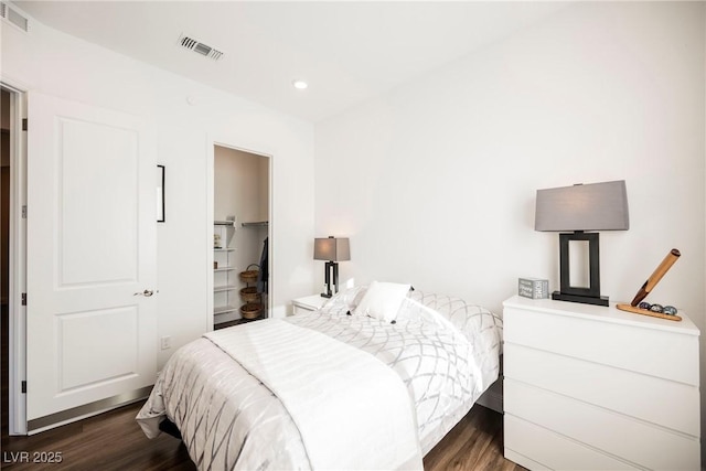 bedroom with dark wood-type flooring, a closet, and a spacious closet