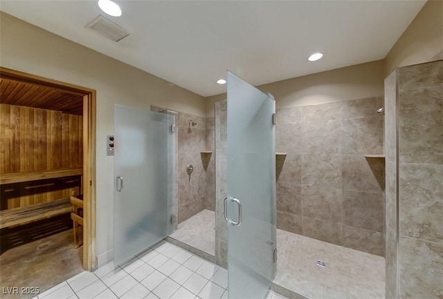 full bathroom featuring recessed lighting, visible vents, a shower stall, and tile patterned floors