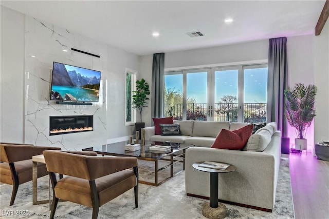 living room with a fireplace