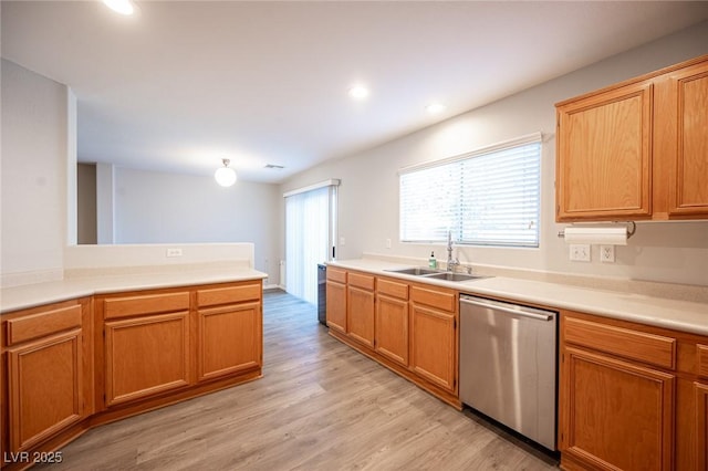 kitchen with dishwasher, light hardwood / wood-style floors, and sink