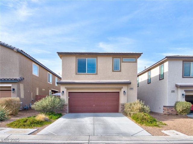 traditional-style home featuring stucco siding, concrete driveway, stone siding, and a garage