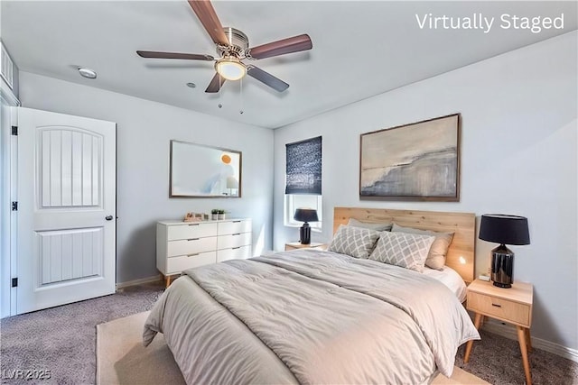 bedroom featuring baseboards, carpet floors, and ceiling fan