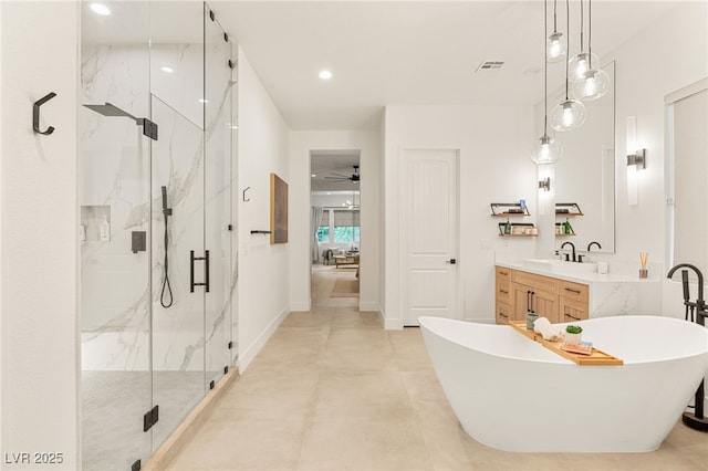 bathroom with shower with separate bathtub, vanity, and ceiling fan