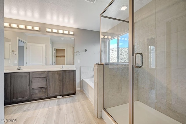 bathroom with vanity, hardwood / wood-style floors, and plus walk in shower