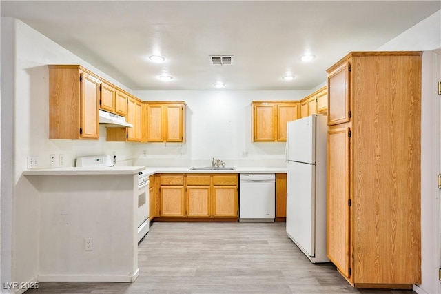 kitchen with light wood-type flooring, light brown cabinets, white appliances, and sink