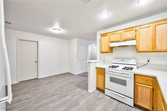 kitchen featuring white gas stove and light hardwood / wood-style flooring