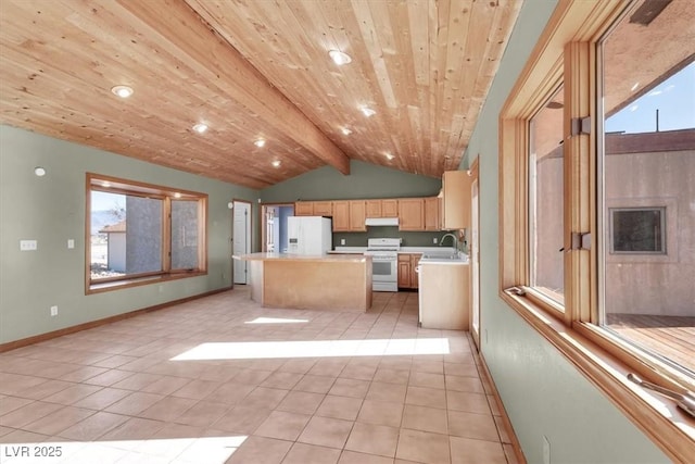 kitchen featuring a center island, light brown cabinets, white appliances, lofted ceiling with beams, and sink