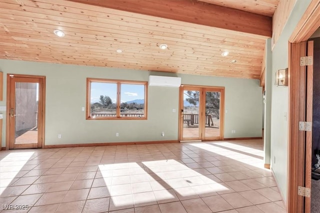 tiled spare room with a wall unit AC, french doors, high vaulted ceiling, and wooden ceiling