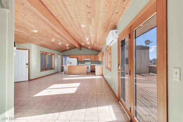 hall with lofted ceiling with beams, light tile patterned flooring, wooden ceiling, and a wall mounted AC