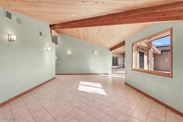 tiled spare room with vaulted ceiling with beams and wooden ceiling