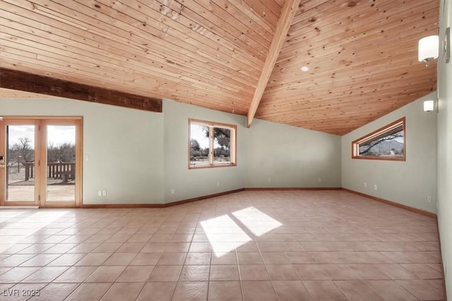 tiled spare room with lofted ceiling with beams, french doors, and wooden ceiling