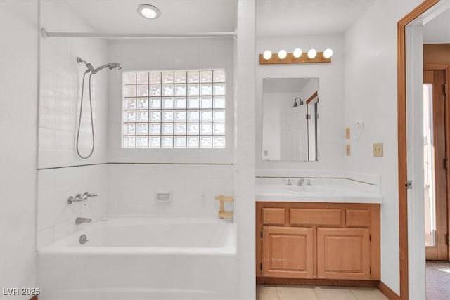 bathroom featuring shower / tub combination, vanity, and tile patterned floors