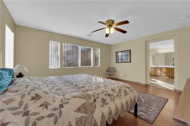 bedroom featuring wood-type flooring and ceiling fan