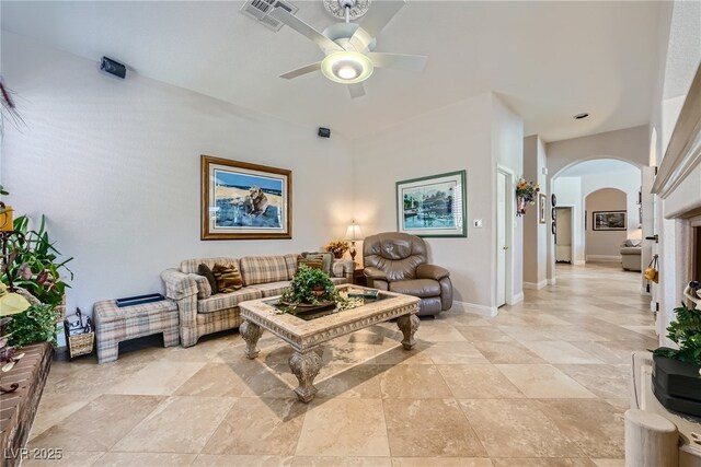 living room with ceiling fan