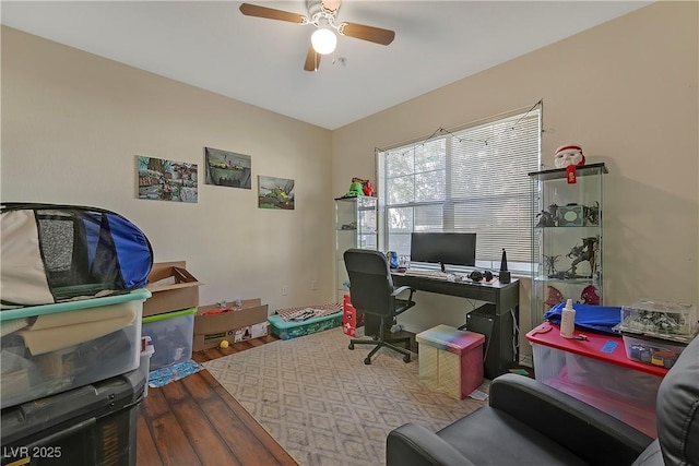 office area featuring hardwood / wood-style floors and ceiling fan