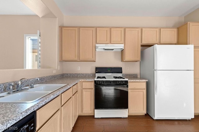 kitchen featuring sink, dishwasher, white refrigerator, range with gas stovetop, and light brown cabinets