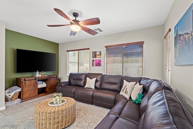 living room with ceiling fan