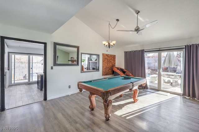 playroom featuring lofted ceiling, ceiling fan with notable chandelier, billiards, and hardwood / wood-style flooring