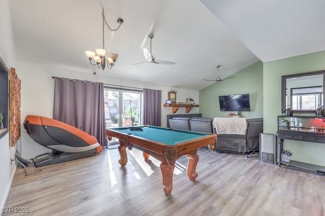 rec room with lofted ceiling, light wood-type flooring, ceiling fan, and billiards