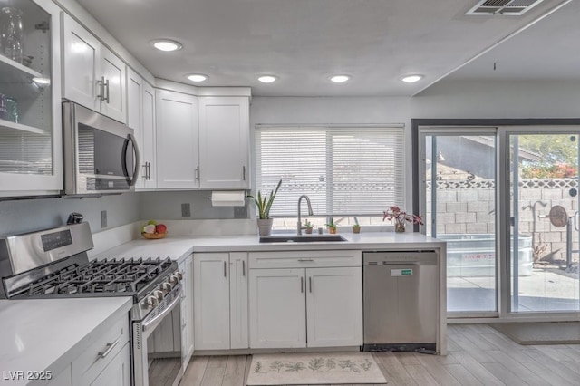 kitchen with white cabinetry, stainless steel appliances, sink, and light wood-type flooring