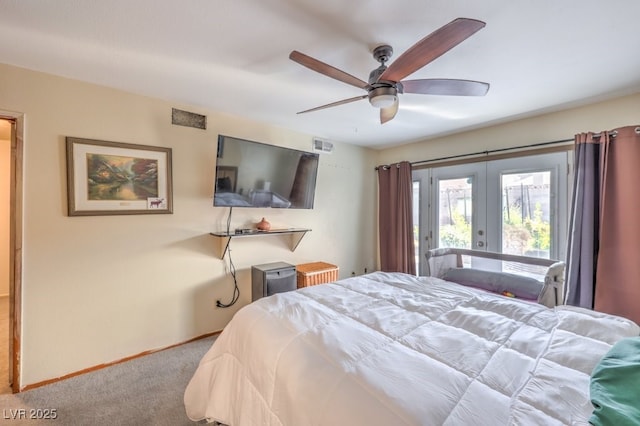 bedroom featuring carpet floors, french doors, and ceiling fan