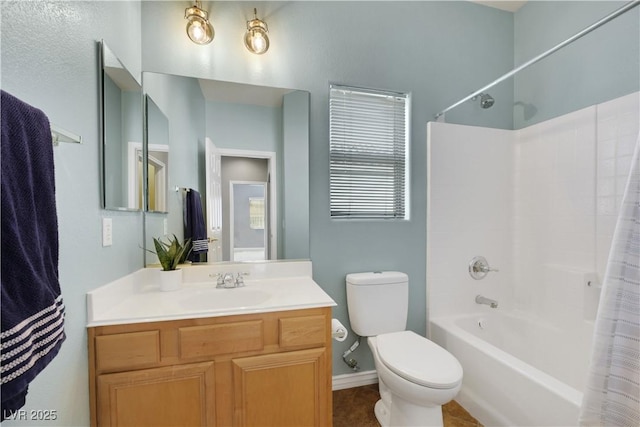 full bathroom with vanity, toilet, and shower / bathtub combination with curtain