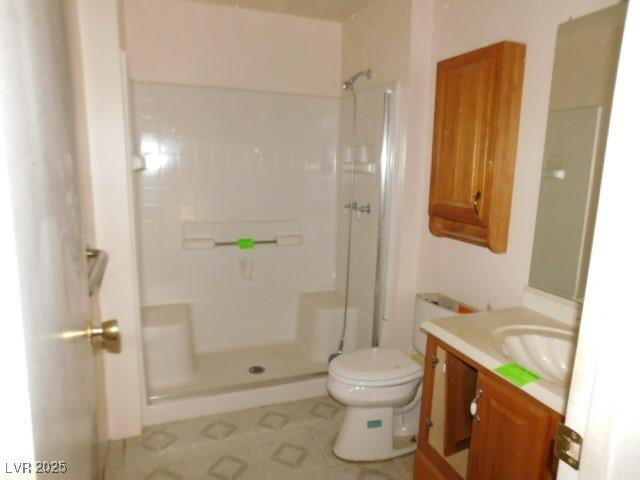 full bathroom with a stall shower, vanity, and toilet