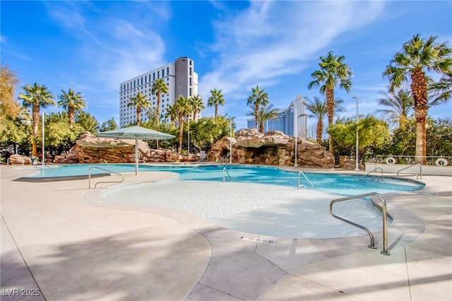 view of swimming pool with a patio