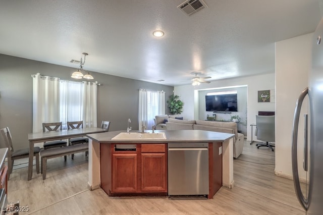 kitchen with ceiling fan, sink, an island with sink, pendant lighting, and appliances with stainless steel finishes