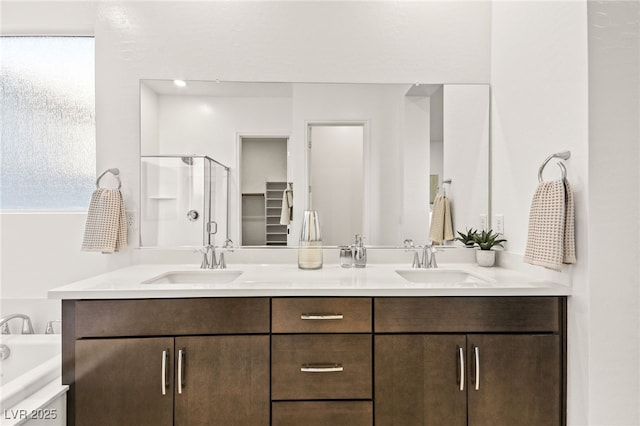 bathroom with vanity and separate shower and tub